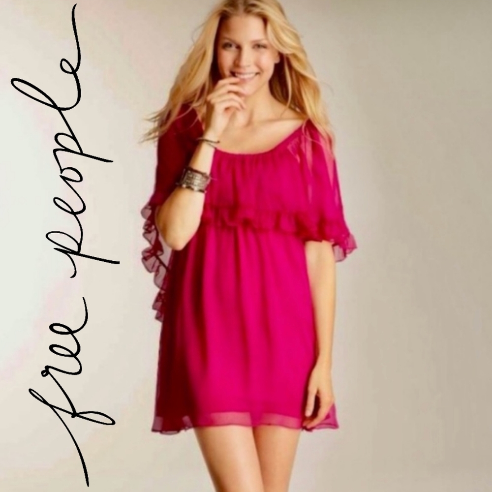 SOLD NWOT Free People Semi Sheer Babydoll Ruffle Dress in Hot Raspberry
